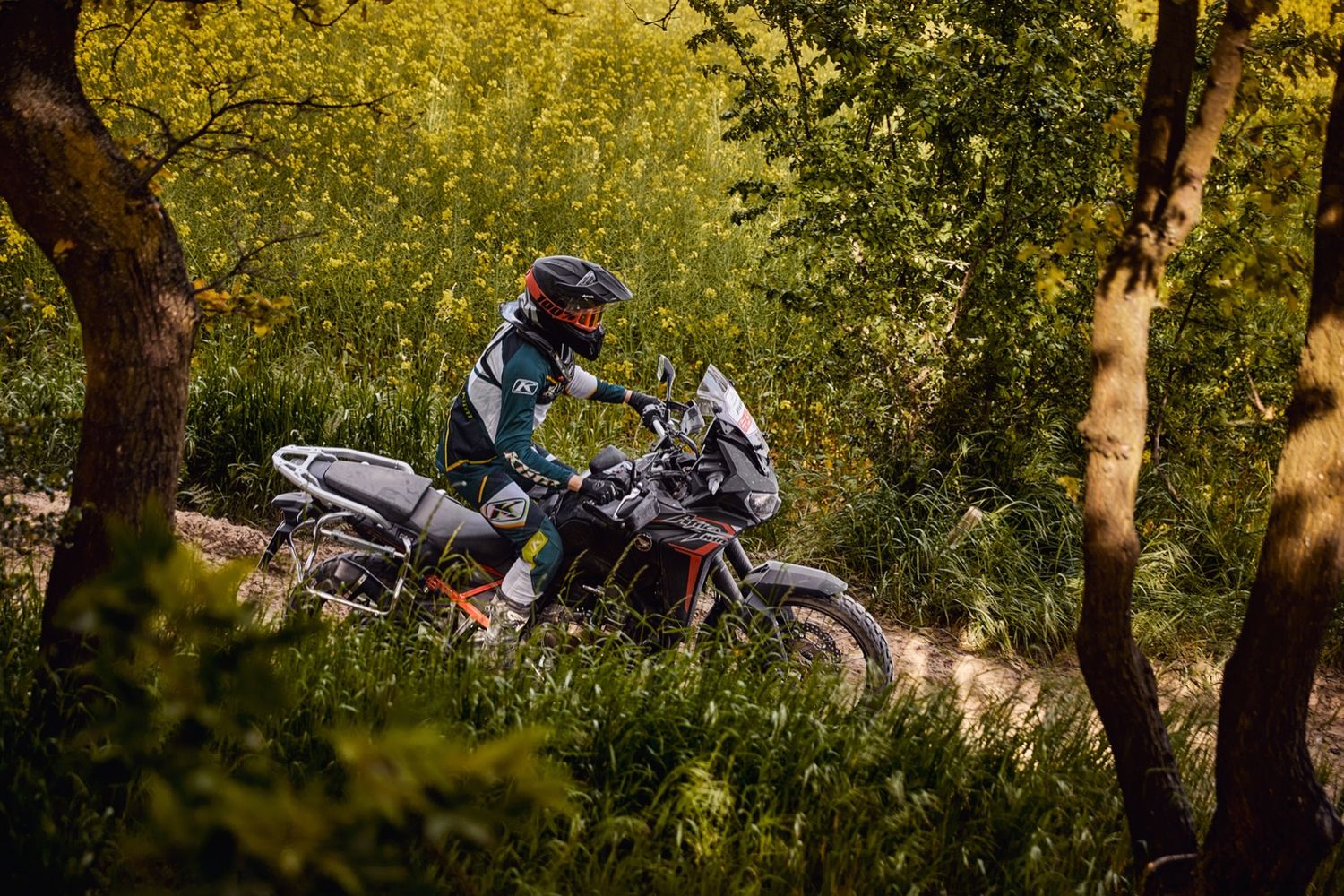 Hannah Dahl fährt mit ihrer Reiseenduro durch den Wald