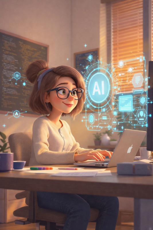Solopreneurin arbeitet mit KI-Assistentin am Laptop